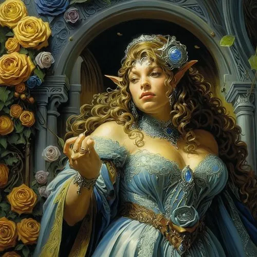 a woman in a blue dress is standing by some yellow roses,margairaz,hildebrandt,margaery,principessa,galadriel,frigga,Illustration,Realistic Fantasy,Realistic Fantasy 03