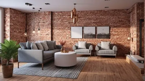 A living room in a modern style, with a wall covered in bricks,the interior of a brick living room with furniture,apartment lounge,living room,livingroom,modern decor,home interior,contemporary decor,