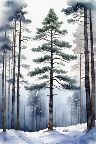 Watercolor landscape. Tall pine tree in winter forest royalty free illustration,winter forest,watercolor pine tree,spruce-fir forest,snow in pine trees,coniferous forest,winter background,pine trees,f