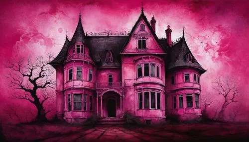 pink background, ROSE HOUSE,the haunted house,haunted house,witch house,witch's house,haunted castle,ghost castle,creepy house,doll's house,pink october,dark pink in colour,dark pink,house silhouette,