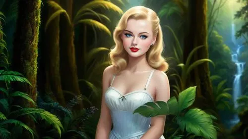 Romantic masterpiece oil painting, beautiful girl portrait, nostalgic 1950's style kitsch, vibrant rainforest landscape, lush tropical jungle paradise, beautiful natural scenery, lost wilderness, by T