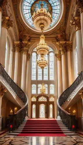 Baroque architecture, Charlotte palace, grand staircase, ornate decorations, intricate stone carvings, symmetrical facade, towering spires, stained glass windows, majestic entrance, red carpet, golden