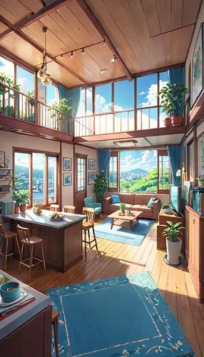 the cabin in the mountains,houseboat,breakfast room,house in the mountains,summer cottage,house in mountains,japanese-style room,sky apartment,big kitchen,beautiful home,ocean view,modern kitchen,cabin,kitchen design,house by the water,wooden windows,holiday villa,small cabin,kitchen interior,studio ghibli,Anime,Anime,Realistic