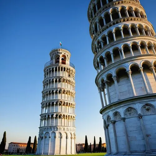 Imagine a Torre de Pisa ao entardecer, com sua estrutura inclinada capturada contra um céu tingido de azul. A torre de mármore branco se ergue graciosamente sobre a praça ao redor, cercada por gramado