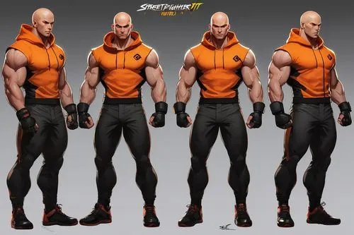 A male superhero, bald, dark skin tone, muscular figure, glowing eyes, sleeveless hoodie, arm gauntlets, color: Orange and black, cel-shaded color block comic book art style,nappa,metamorpho,heihachi,