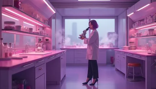 Plum-colored laboratory, modern minimalist interior, elegant scientist, 30s, short plum-dyed hair, glasses, white lab coat, black trousers, heels, holding a microscope, standing near a plum-colored wo