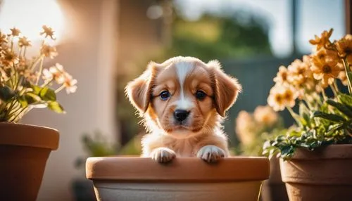 cute puppy,golden retriever puppy,beagle,flowerpot,basset,pup,Photography,General,Cinematic