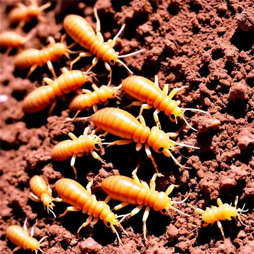 Termites, multiple individuals, swarm, brown bodies, white wings, antennae, mandibles, underground tunnels, wood debris, soil particles, close-up, macro shot, natural light, high contrast, detailed te