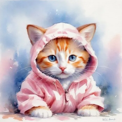 background,watercolor cat,ginger kitten,red tabby,pink cat,ginger cat,cute cat,cat kawaii,cartoon cat,calico cat,cat image,cute cartoon character,hoodie,cute cartoon image,watercolor pencils,tabby cat