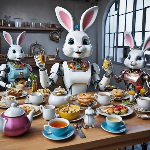 tea party, multiple robots, female robot, robot body, rainbow skin, anthropomorphic rabbit, female rabbit, rabbit face, rabbit tail,  metal tail, animal head, visible metal head, visible mechanisms, c