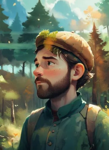 a 50 years old man walking in forester clothing, wearing a cap in a mountain forest. Full body,the man is wearing a hat and looking at soing,kovic,bunyan,woodsman,mcartor,paleobotanist,lepreau,Illustr