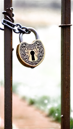 Padlock, close-up, metallic surface, rusted details, old-fashioned design, chain wrapped around, hanging from a gate, morning dew, soft natural light, shallow depth of field, warm color tone, 3/4 comp