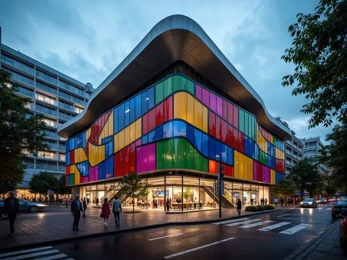 colorful facade,mvrdv,cube house,multistoreyed,zeil,omotesando,eindhoven,cubic house,medibank,museumsquartier,kunsthaus,colorful glass,jussieu,bookbuilding,danube centre,glass facade,galeries,architekten,kulturhuset,glass building