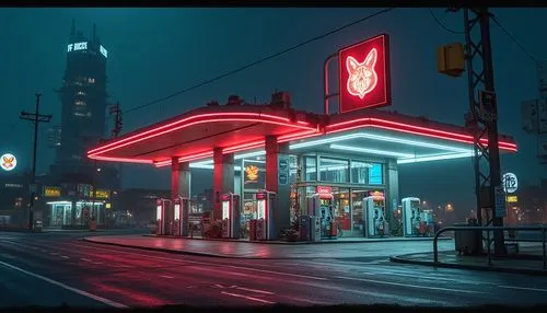 Postmodern gas station, retro-futuristic, neon lights, bold colors, irregular shapes, fractured lines, eclectic mix of materials, glass, steel, concrete, brutalist columns, Deconstructivist angles, su