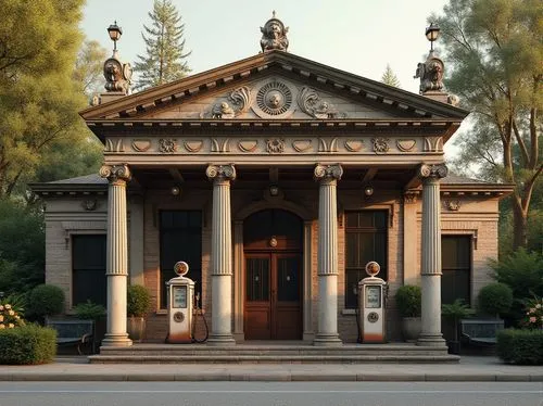 Neoclassical gas station, grand entrance, Doric columns, ornate stone carvings, symmetrical facade, classical statues, elegant lanterns, intricate metalwork, vintage pumps, rustic brick walls, lush gr