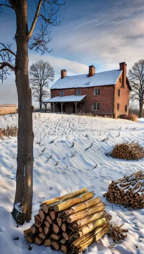 a pile of logs and a tree on top of snow,fruitlands,winter landscape,beningbrough,farmstead,appomattox court house,snowy landscape,Photography,General,Natural