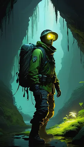 caving,adventurer,explorer,mountain guide,fisherman,the wanderer,patrol,exploration,hiker,wander,ranger,miner,aquanaut,patrols,wanderer,rifleman,frog background,cave tour,game illustration,angler,Conceptual Art,Sci-Fi,Sci-Fi 07