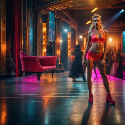 fashion model catwalk on the runway,havana brown,neo-burlesque,burlesque,agent provocateur,digital compositing,dancer,go-go dancing,man in red dress,majorette (dancer),visual effect lighting,latin dan