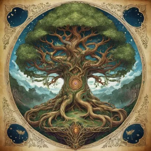 yggdrasil,celtic tree,tree of life,flourishing tree,the branches of the tree,magic tree,druidism,druidic,colorful tree of life,sacred fig,mirkwood,cernunnos,mother earth,circle around tree,ents,mantra om,bodhi tree,treepeople,the roots of trees,family tree,Illustration,Realistic Fantasy,Realistic Fantasy 02