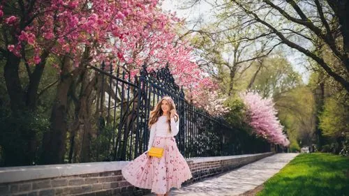 beautiful woman in spring,a girl in a pink dress is standing on the steps,walking in a spring,spring background,springtime background,girl in flowers,in the spring,spring blossom