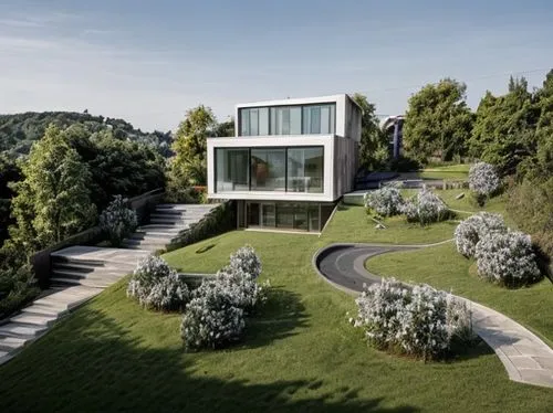 A modern house situated on a green hill in Prague, glassed fasade, grass on the existing terrain and many trees, materials for the walls are wood and concrete,cube house,cubic house,modern house,moder