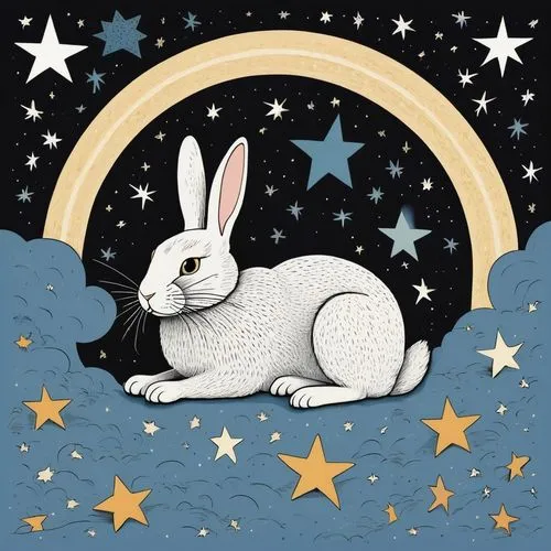 一隻兔子躺在月亮上睡覺，周圍有許多星星和一些雲。,buni,lepus,lapine,white rabbit,lunar,cartoon rabbit,cartoon bunny,white bunny,lagomorpha,rabbit,european rabbit,ostara,bunny,mumin,bunni,babbit,little rabbit,lepus europaeus,c