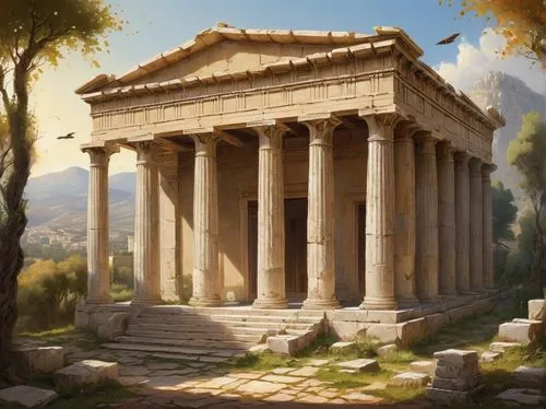 Ancient Greek temple, Doric order, stone columns, fluted drums, capital with scrolls, pediment with metopes, triglyphs, frieze with bas-relief, marble material, weathered texture, ruined structure, ov