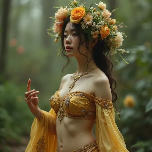 Human female and flower hybrid. Hair made from flowers. Skin like petals and shimmering with drops of dew. Thorns protrude from the fingertips of the hands. Teeth as thorns. Flowing bra made of petals