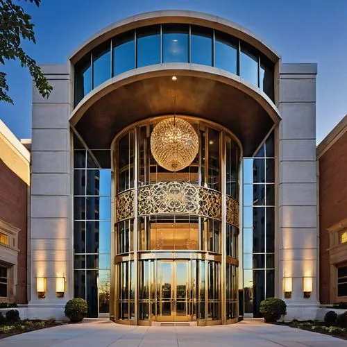 Architectural designs, Huntsville, AL, modern skyscraper, sleek glass facade, steel beams, intricate stone carvings, grand entrance, revolving doors, marble lobby, high ceiling, chandelier lighting, c