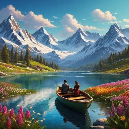 boat landscape,landscape background,mountain scene,canoeing,nature background,mountain lake,Conceptual Art,Fantasy,Fantasy 16