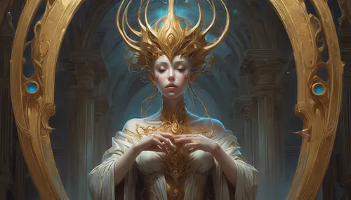 priestess,golden crown,light bearer,elven,fantasy portrait,sorceress,queen cage,the enchantress,mirror of souls,gold crown,horn of amaltheia,the snow queen,dryad,chalice,throne,fantasy art,gold filigree,lotus with hands,golden candlestick,golden wreath,Conceptual Art,Fantasy,Fantasy 01