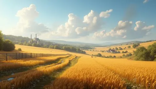 Rustic farmland setting, sunny afternoon, golden wheat fields, rolling hills, old wooden fences, tractor tracks, scattered wildflowers, a few cows grazing peacefully, farmhouses in the distance, smoke