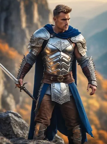 Fantasy art male, strong muscular build, bold facial features, short spiky hair, piercing blue eyes, sharp jawline, silver earring, leather armor, sword on back, flowing cape, standing heroically, mis