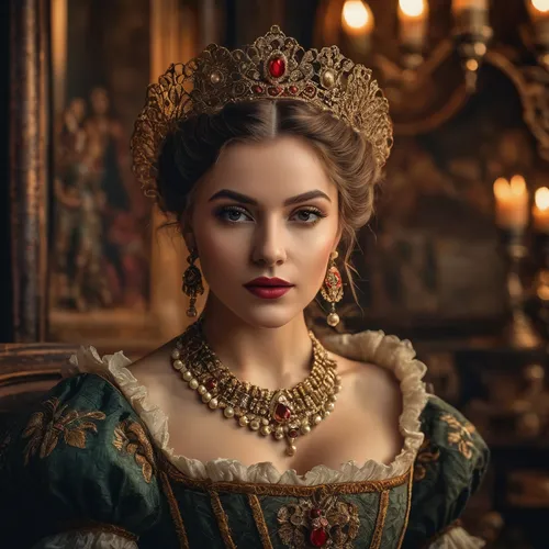 Develop historical avatars with period costumes, intricate jewelry, and ancient backdrops. Design a nostalgic atmosphere for a classic and vintage look.,tudor,queen anne,the crown,victoria,gold crown,