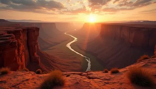 Canyon landscape, vast desert, rocky cliffs, deep valleys, majestic grandeur, sunset time, warm orange light, long shadows, scattered cacti, sandy terrain, winding river, serene atmosphere, panoramic 