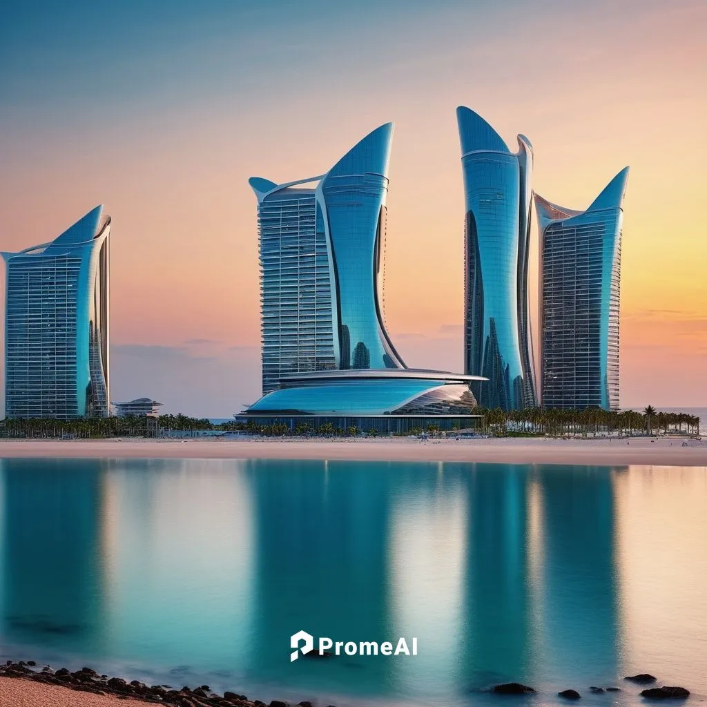 Create impressive images of beautiful futuristic high-rise buildings. The beauty in the shape of the design is very unusual and elegant. Very realistic seaside pictures,dhabi,abu-dhabi,abu dhabi,unite