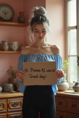 A 21yo petite model girl with light silver+black hair in a messy bun is holding a cardboard sign that reads \"Hi PromeAI users! Good day, \" wearing a blue off-shoulder top, full body, a black tight s