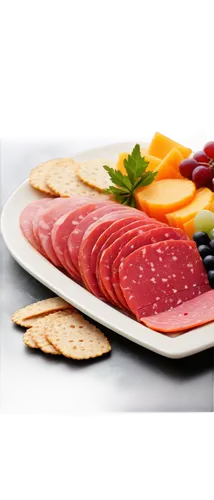 Modern cold cuts platter, assorted meats, colorful garnishes, fresh fruits, crackers and bread, elegant arrangement, marble background, shallow depth of field, warm lighting, 3/4 composition, close-up