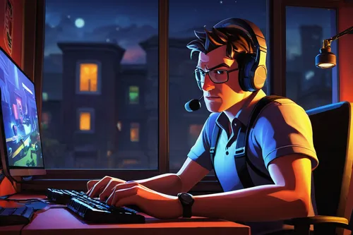 character, Team Fortress 2, gamer, headset, microphone, frustrated expression, sitting at computer desk, gaming room, posters on wall, ambient lighting, screen glow, detailed keyboard, action figure c