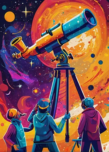 Curious telescope-wielding astronomers exploring the cosmos.,telescope,astronomers,astronomer,astronomy,telescopes,astronomical,planetarium,spotting scope,observatory,astronira,astropeiler,space art,a