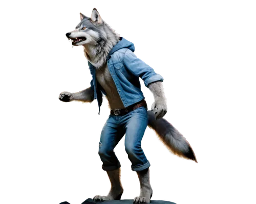 Wolf-like creature, humanoid body, lupine features, sharp teeth, claws, grey fur, werewolf-inspired, full moon transformation, solo, standing, dynamic pose, ripped clothing, torn fabric, howling at th