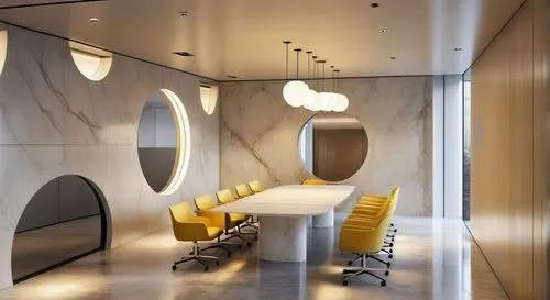 Design an office conference room where sunlight enters through circular windows. Make the floor gray marble, the walls yellow, and the ceiling white, centering on white tables and yellow chairs. Add c