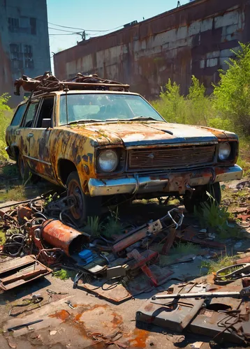 car, abandoned, post-apocalyptic, zombie survival game, Project Zomboid, detailed engine, exposed wires, pliers in hand, character action, rewiring, focused expression, mechanic skills, survival gear,