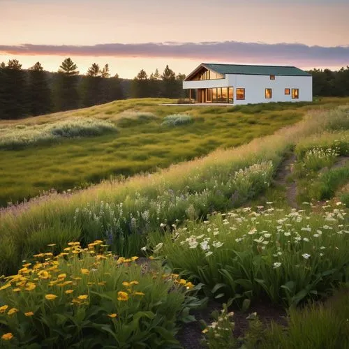 Rural health clinic, modern farmhouse style, white walls, green roof, wooden accents, large windows, natural light, open floor plan, waiting area with comfortable sofas, reception desk with friendly s