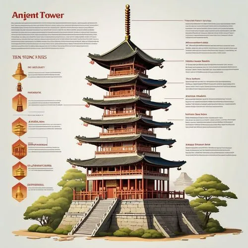 A detailed crosssection of the ancient Chinese tower, showcasing its construction techniques and design elements in color pencil style with realistic shadows, include labels for each level to highligh