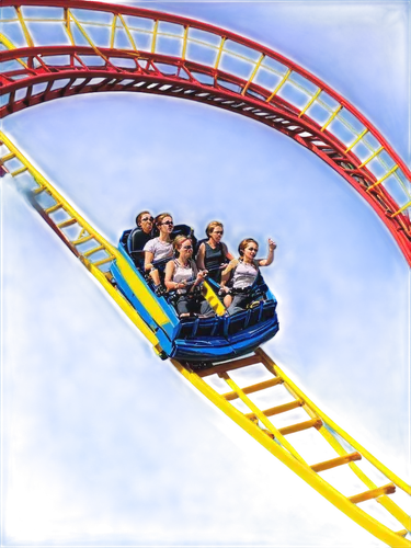 Roller coaster, amusement park, iron structure, steep drop, sharp turns, colorful seats, safety harness, thrilled passengers, screaming faces, sunlit, afternoon, vibrant colors, dynamic composition, f