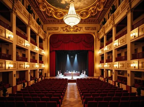 Grand opera house, ornate Baroque details, lavish red velvet curtains, gilded golden accents, marble floors, sweeping staircases, crystal chandeliers, intricate fresco ceilings, dramatic spotlights, w