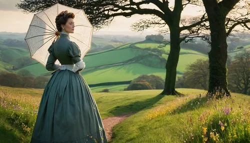 jane austen,girl in a long dress,celtic woman,meadow,victorian lady,green meadow,hobbiton,sound of music,fantasy picture,meadow landscape,summer meadow,digital compositing,country dress,enchanting,mirror in the meadow,girl in the garden,the victorian era,girl in a long dress from the back,green fields,downton abbey,Illustration,Vector,Vector 09