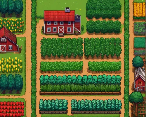 spring crops, Stardew Valley, pixel art, vibrant colors, cauliflower, green beans, kale, parsnip, potato, rhubarb, strawberry, tulip, blue jazz flowers, farming, hoeing soil, watering can, sunny day, 