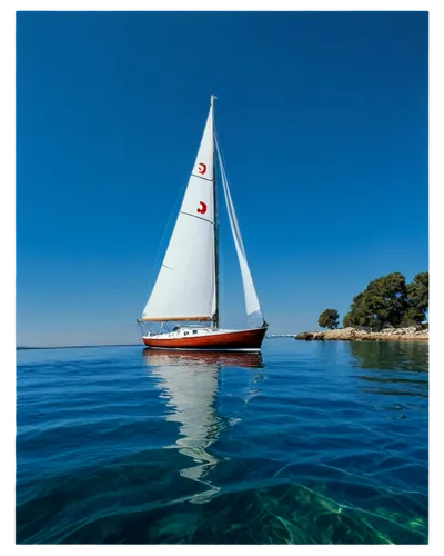 Sailboat, white sails, wooden hull, shiny surface, reflection on water, sail ropes, anchor, lifebuoy, seagulls flying overhead, sunny day, clear blue sky, gentle waves, 3/4 composition, low angle shot